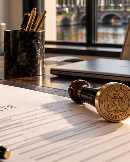 Notarieel zegel en pennen op een bureau naast een akte