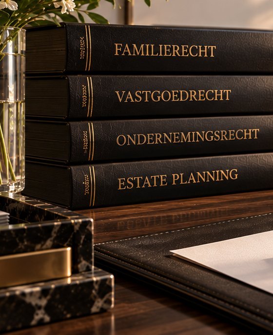 Wetboeken familierecht naast een vaas met bloemen op een notarieel bureau