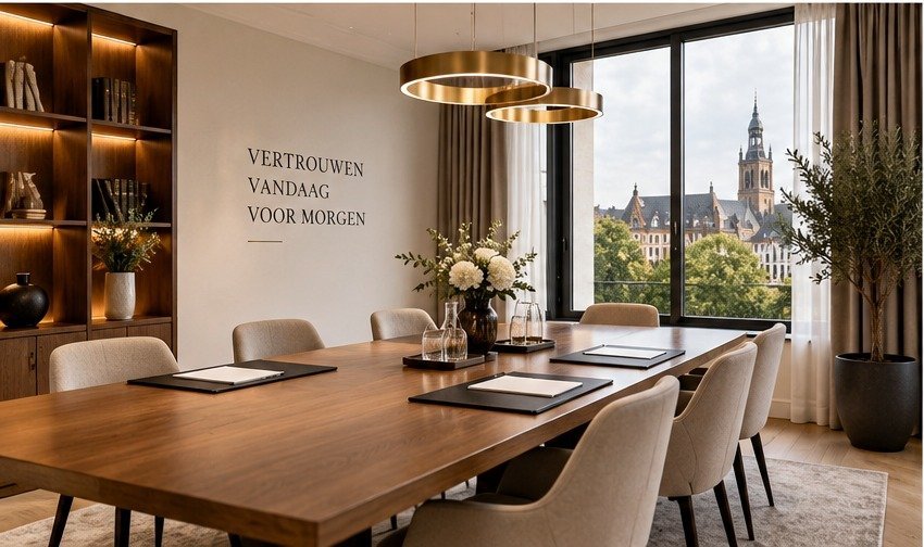 Vergaderruimte van een notariskantoor met houten tafel en zicht op Nederlandse architectuur